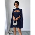 thumbnail image 4 of Women'S Round Neck Ribbed Chiffon Dress with Pearl Detail Cape Style Bodycon Slip Dress Navy Blue XL, 4 of 6