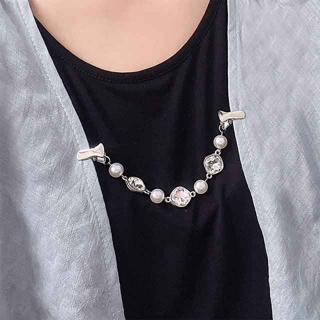 enjoywould Shawl Clip Faux Pearl Rhinestone Clip Design Chain Style Fine Craftsmanship Elegant Decoration Jewelry Vintage Sweater Shawl Chain Clip for Working