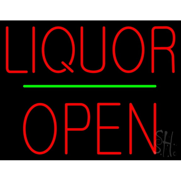 Liquor Block Open Green Line LED Neon Sign 15 x 19 - inches, Clear Edge Cut Acrylic Backing, with Dimmer - Bright and Premium built indoor LED Neon Sign for Bar decor.