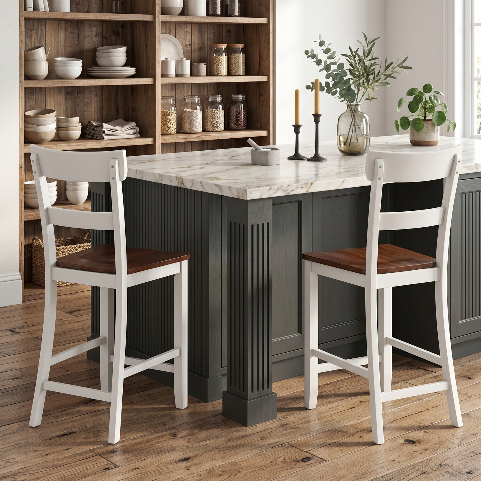 Furnibear Farmhouse Bar Stool Set of 2, 24.5 Inch Counter Height Stools with Solid Rubber Wood Frame, Curved Backrest and Footrest, Armless Dining Barstools for, White