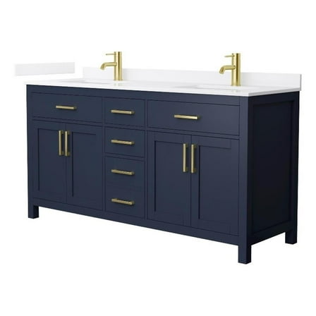 Beckett 66" Dark Blue Double Vanity & White Quartz Top (1-Hole) & Gold Trim