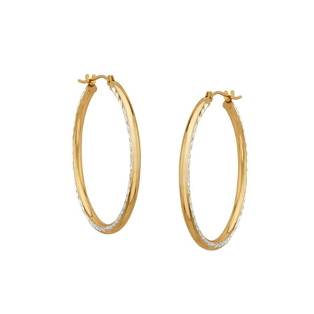 Duet Medium Diamond-Etched Hoop Drop Earrings in 10kt Gold-Bonded Sterling Silver