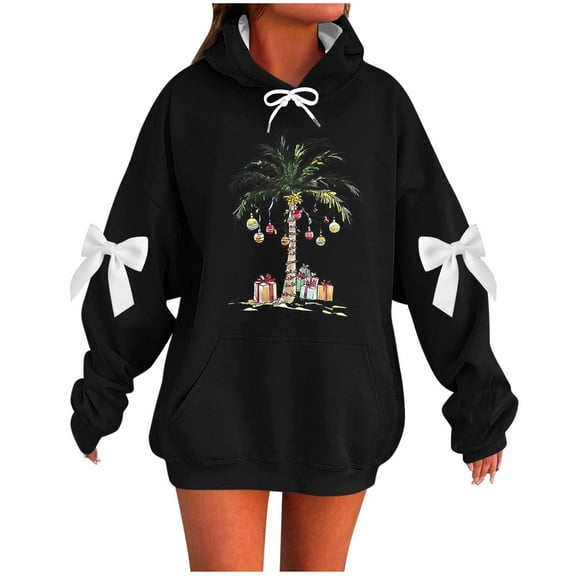 Makaor Womens Zip Hoodie Christmas Plus Size Tunic Sweatshirt Long Sleeve Pullover Graphic with Bow Oversized Tops