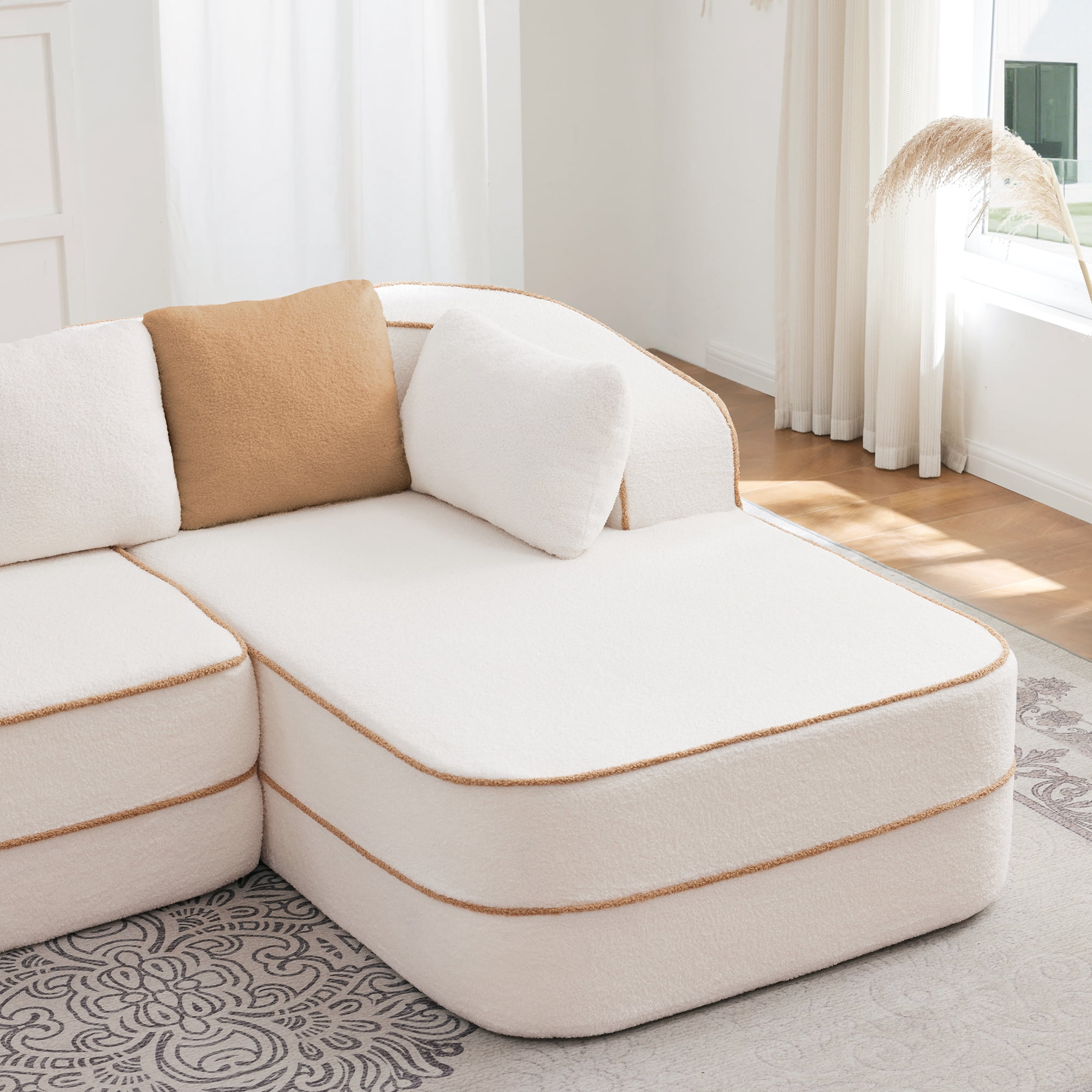 Aukfa 135" 4-Seater Modular Sofa for Living Room, 29" Deep Seat, Plush Teddy Velvet, White