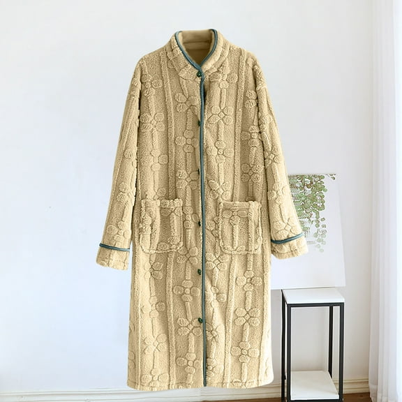 QUNYINEY Plus Size Nightgowns for Women Long Sleeve Floral Flannel Soft House Dress Knee Length Loose Crew Neck Button Down with Pocket Women's Sleepwear