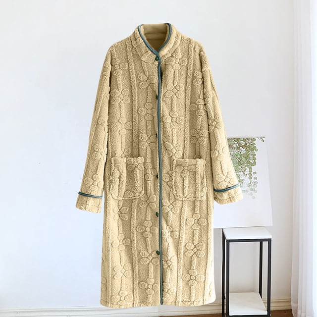 Chemise de Nuit Mi-Longue à Manches Longues et Col Rond en Velours Chaud d'Hiver pour Femmes Vert G
