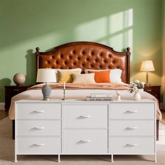 Cómoda de tela blanca con 8 cajones y superficie de madera – Armario organizador ancho con estructura metálica – Para dormitorio, salón, recibidor – 160 x 68 x 35 cm – Color blanco
