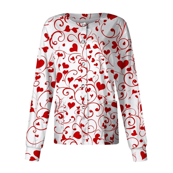 Scrub Jacket for Women Valentine's Day Snap Front Cute Love Heart Graphic Long Sleeve Scrubs Jacket Working Uniforms with Pockets 2026