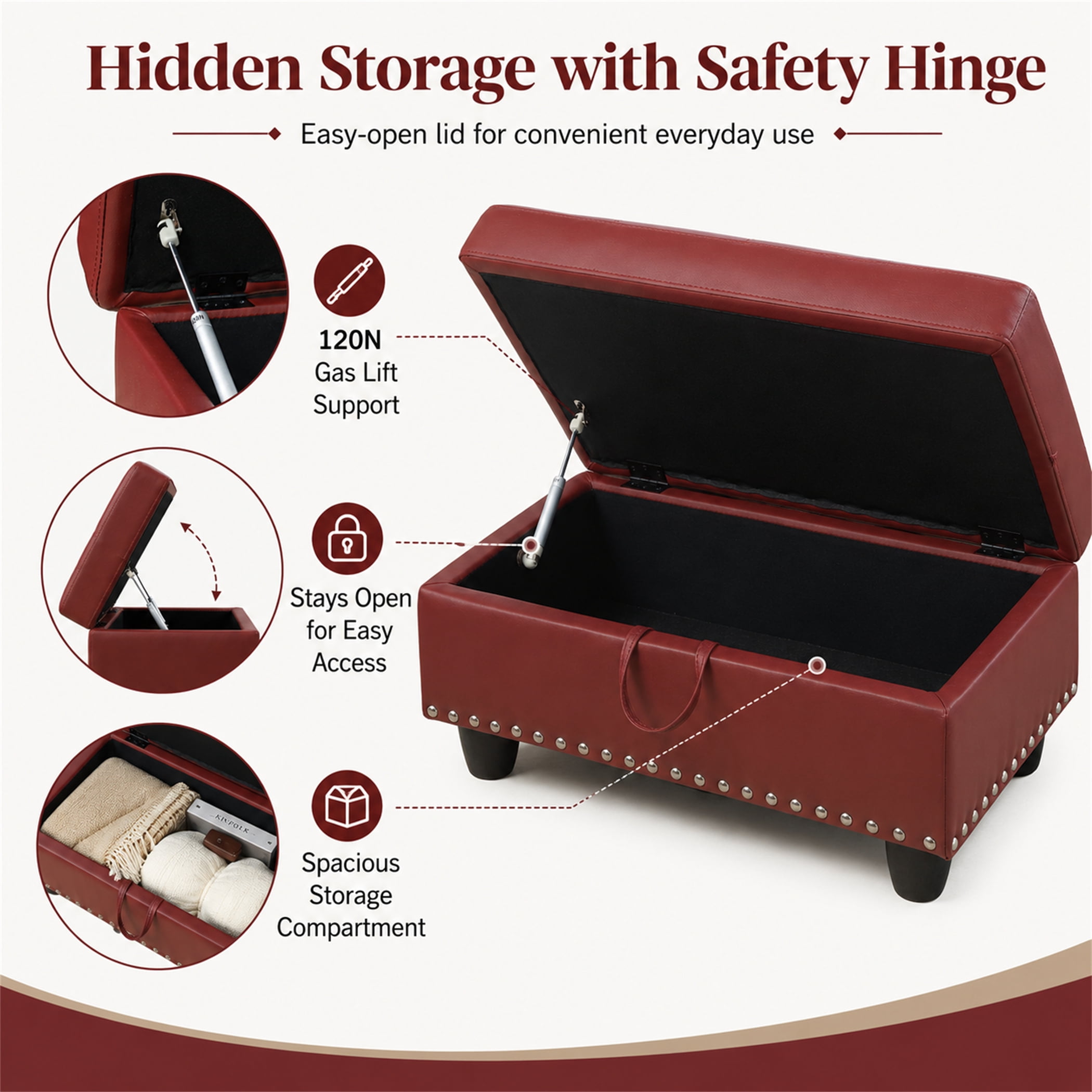 Aukfa 29" Storage Ottoman Bench for Sectional Sofa for Home Office, Nailhead Trim&Lift Top, Leather, Red