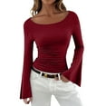 thumbnail image 2 of Womens Tops Solid Color Fashion Shirts Long Bell Sleeve Dressy Casual Boat Neck Blouses, 2 of 3