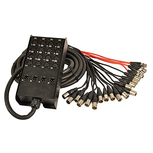 Seismic Audio SACB-16x4x25 16-Channel XLR Low Profile Circuit Board Snake Cable, 25-Feet. A black circuit board box featuring 16 labeled XLR inputs connected to a bundle of durable cables terminating in XLR connectors. Ideal for audio signal routing in professional DJ setups, live sound environments, and studio recording applications.