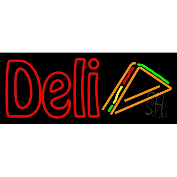 Red Deli With Slice LED Neon Sign 13 x 32 - inches, Black Square Cut Acrylic Backing, with Dimmer - Bright and Premium built indoor LED Neon Sign for restaurant window and interior decor.