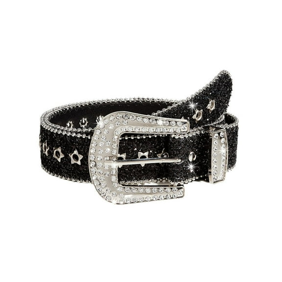 SWSMCLT Women's Rhinestone Belt Metal Fashion Luxury Casual Basic Buckle Metal Buckle Bling Fall Summer Black Medium-Large