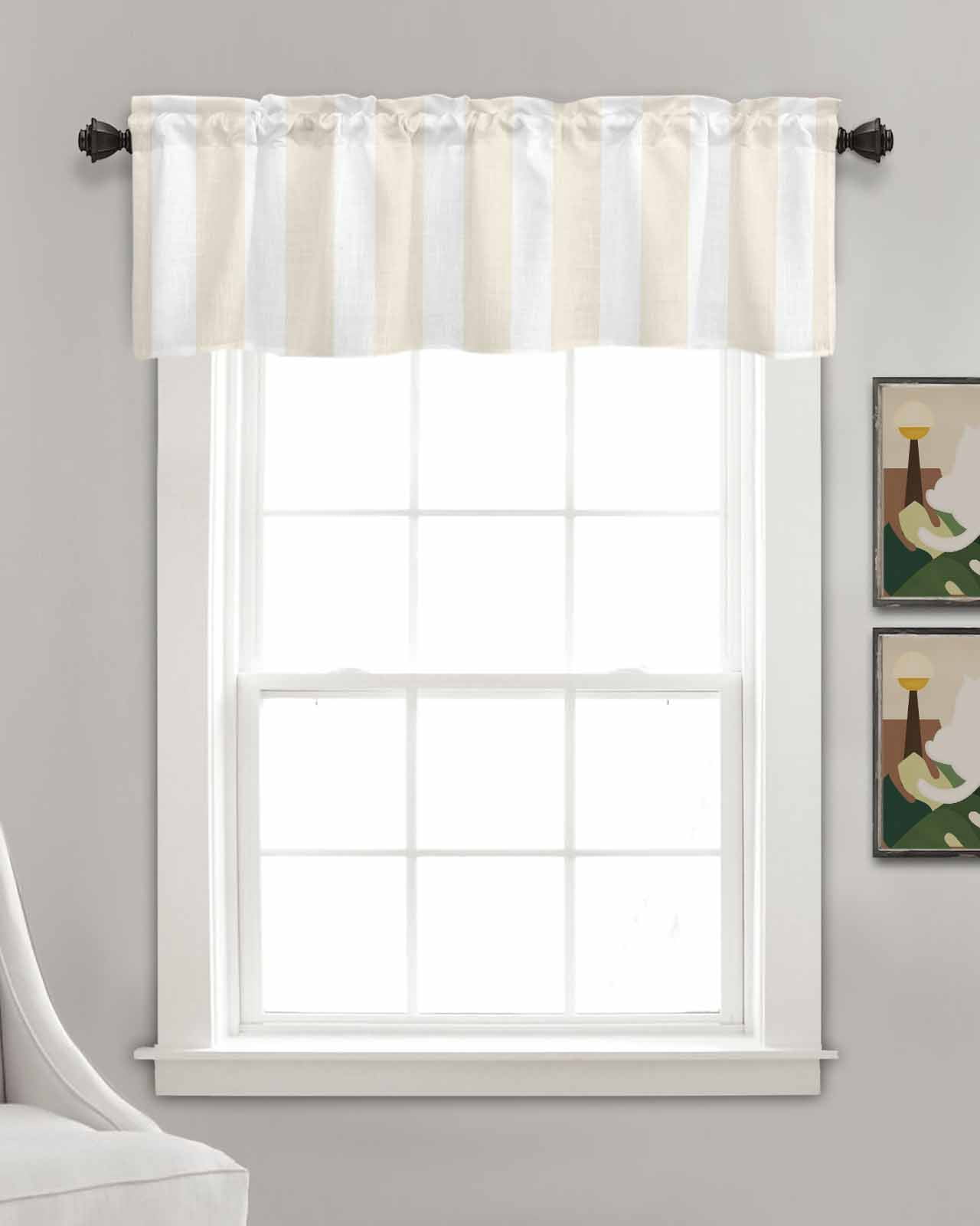 Cream Striped Linen Curtain Valance for Bedroom/Bathroom/Kitchen/Living/Dining Room Window,Geometric White Vertical Stripes Minimalist Pocket Topper Drapes Decorative Cafe Drapery Panel 60"x18"