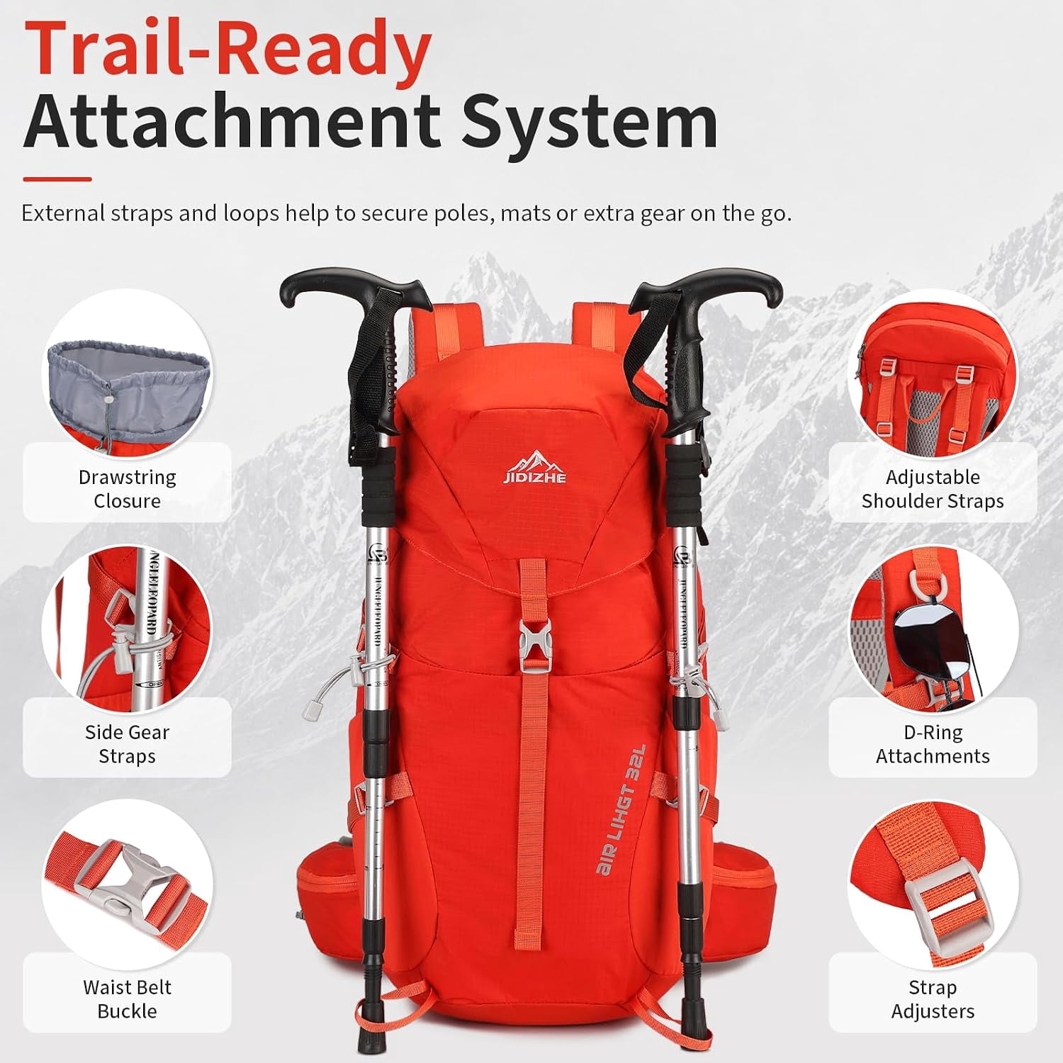 JIDIZHE 32L Hiking Backpack with Internal Frame and Rain Cover, Lightweight Pack Equipped with Adjustable Chest Strap, Breathable Unisex Daypack for Hiking, Camping and Travel，Red