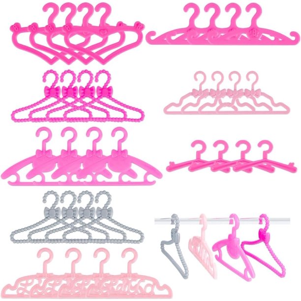80 perchas de ropa en 8 estilos diferentes, color rosa, ideales para organizar la ropa de muñecas. Mini perchas.