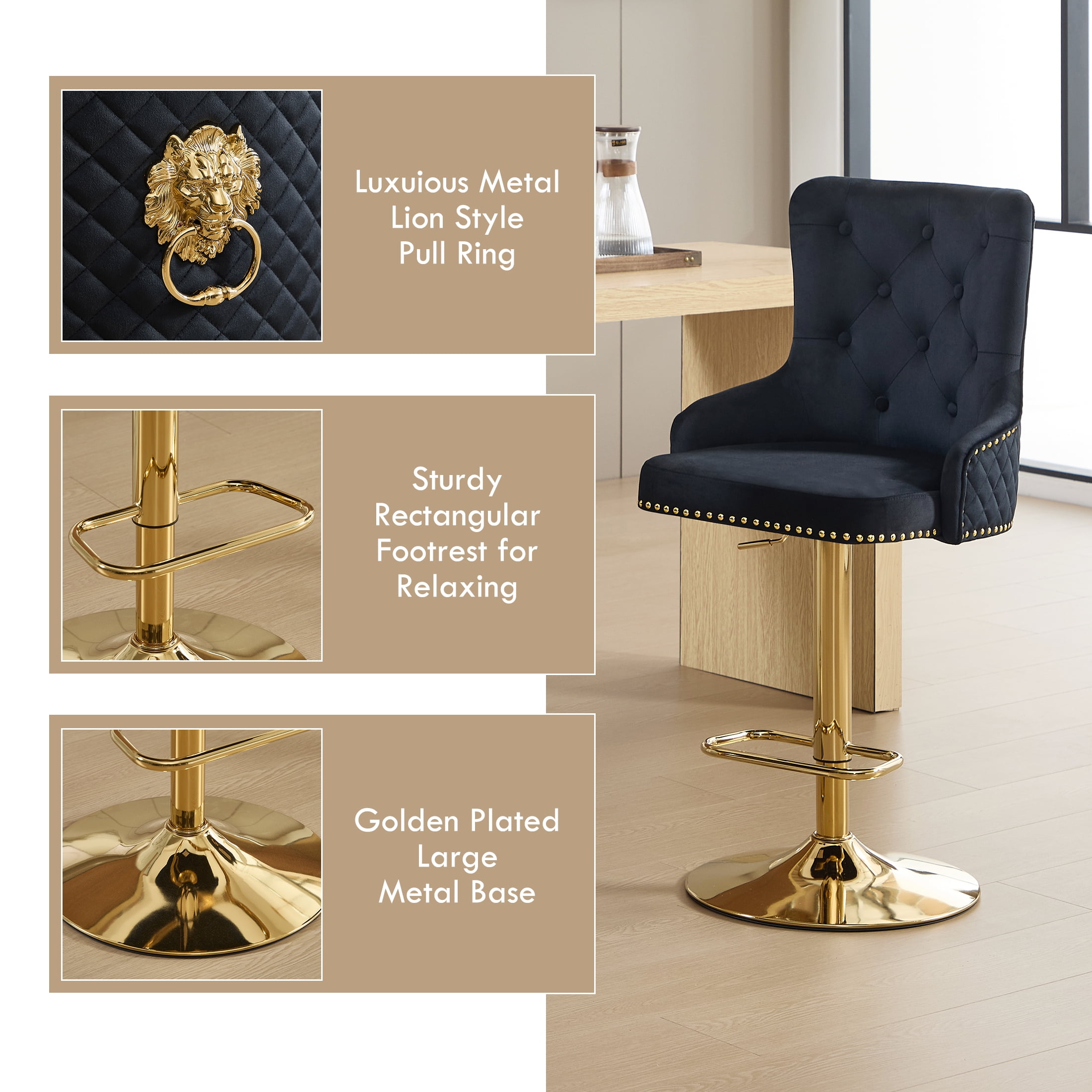Velvet Gold Bar Stools Set of 2 Modern Counter Height Bar Stools with Lion Pull Ring Tufted Back, Nailhead Upholstered Barstools for Home Kitchen Island, Swivel Adjustable Stool Chair in Black