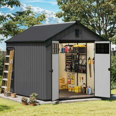 Dextrus 8x10 FT Outdoor Storage Shed with Floor, Plastic Garden Shed for Bikes, Tools, and Pool Supplies, Outdoor Resin Shed with Lockable Doors, Windows, and Vents for Patio, Lawn, Backyard, Black