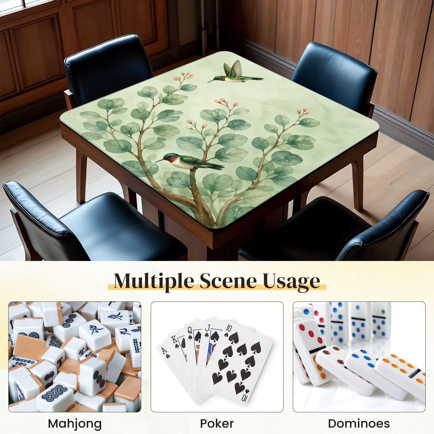 Mahjong Mat 31.5" x 31.5" Hummingbirds Green Leaves Elegant Watercolor Style Non-Slip Noise Reduction Mahjong Tiles Table Cover for Dominoes Poker Card Board and Tile Games
