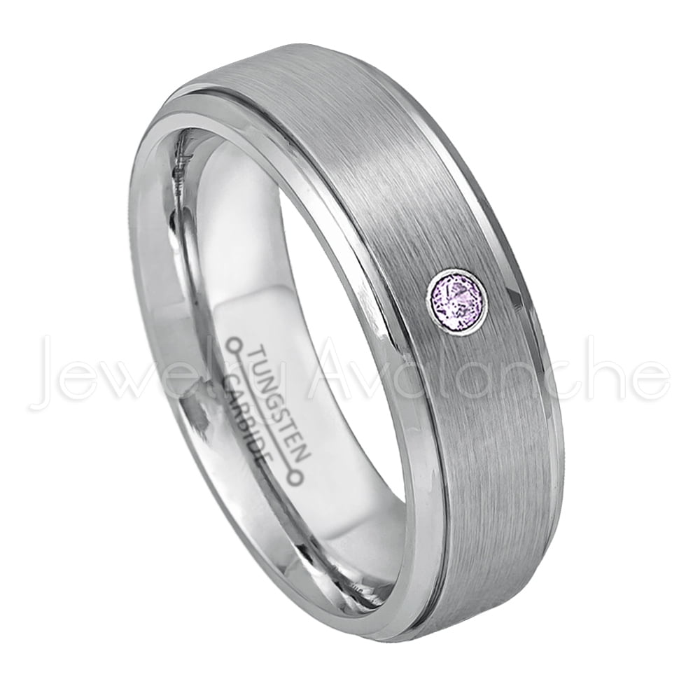 Jewelry Avalanche 8MM Brushed 2-Tone Stepped Edge Tungsten Carbide Wedding Band February Birthstone Ring 0.07ct Amethyst Tungsten Ring