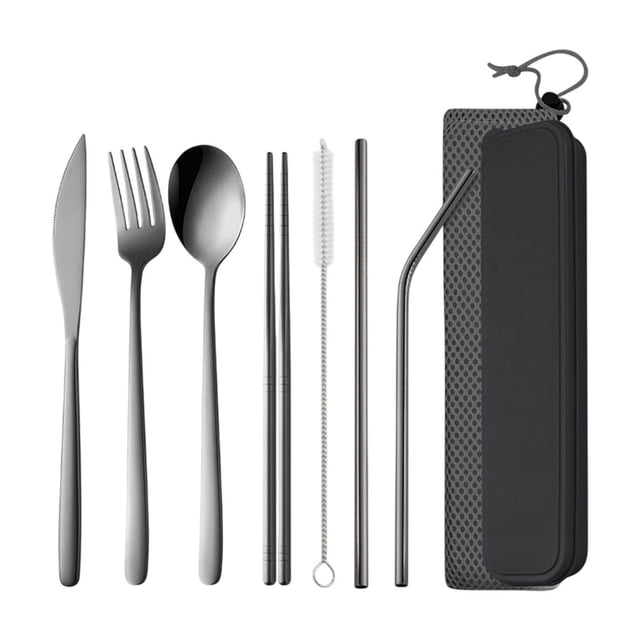 Juego de cubiertos portátil de 7 piezas de acero inoxidable con estuche de almacenamiento. Juego de utensilios de viaje para acampar al aire libre. Incluye cuchillo, tenedor, cuchara, palillos, pajit