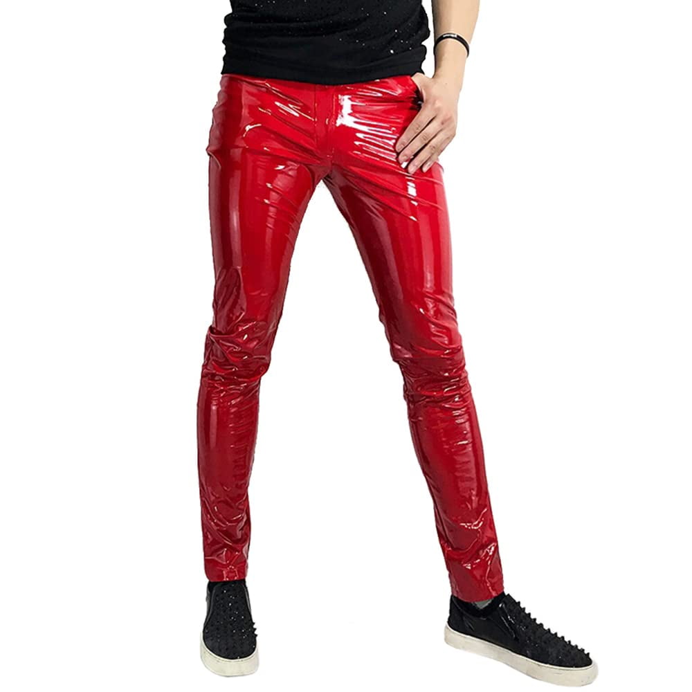Haorun Men Shiny Faux Leather Pants Skinny Stretch Tight Wet Look Pu Trousers