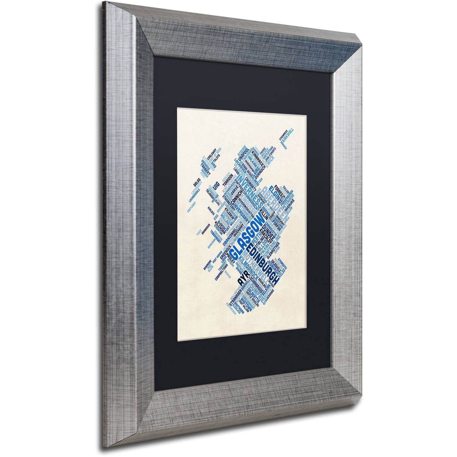 Trademark Fine Art "Scotland Typography Text Map 5" Canvas Art by Michael Tompsett, Black Matte, Silver Frame