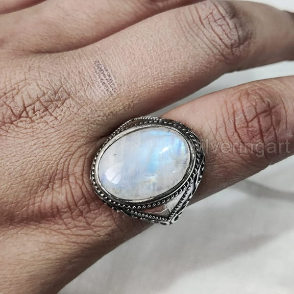 Rainbow Moonstone Mens Ring, Natural Blue Fire Rainbow Moonstone, Silver Jewelry, 925 Silver Ring, Birthday Gift, Heavy Mens Ring, Arabic Design, Ottoman Style Ring, Christmas, Turkey Mens Signet Ring