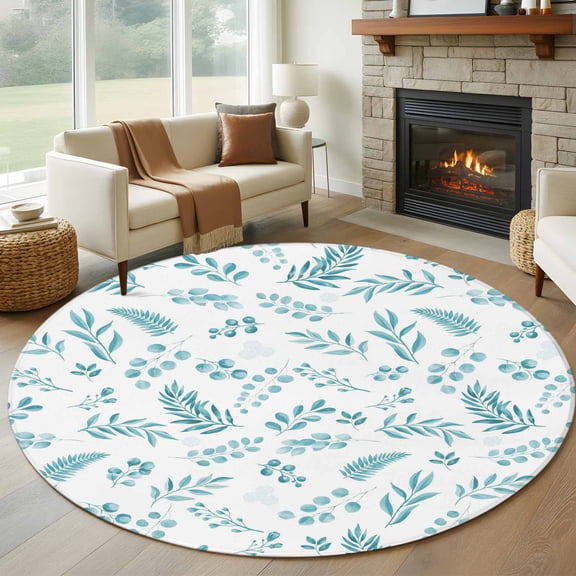 Round Rugs 5Ft, Teal Leaves Round Area Rug Washable Indoor Throw Carpet, Summer Plants Flowers Vintage Pastoral Soft Non Slip Circle Rug for Cabinet Bathroom Home Decor Aesthetic
