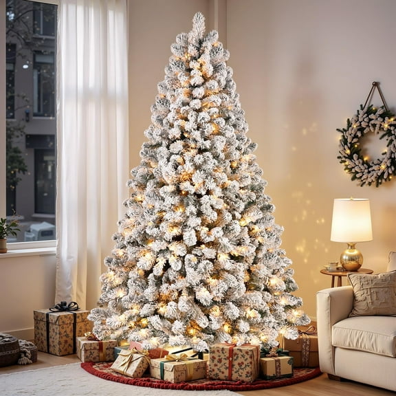 Alupssuc 6.5ft Prelit Snow Flocked Artificial Holiday Christmas Tree w/ Warm White Lights, Foldable Stand, Full Snow Branch Tips
