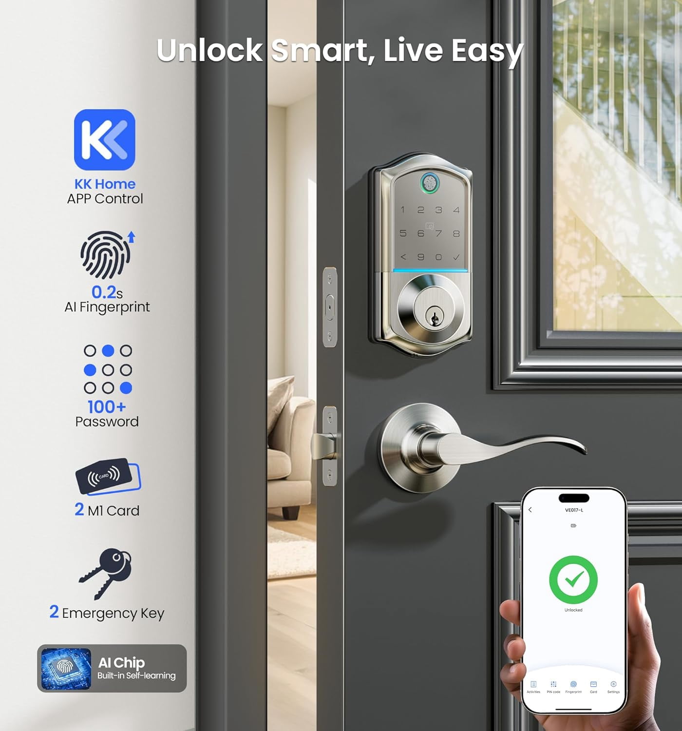 Veise Fingerprint Smart Lock with 2 Lever Handles, Keyless Entry Front Door Lock Set, App Control, Electronic Digital Keypad Deadbolt, Satin Nickel