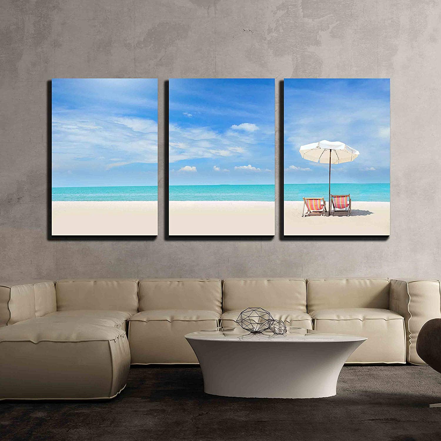 wall26 3 Piece Canvas Wall Art Beach Chairs on the White Sand Beach
