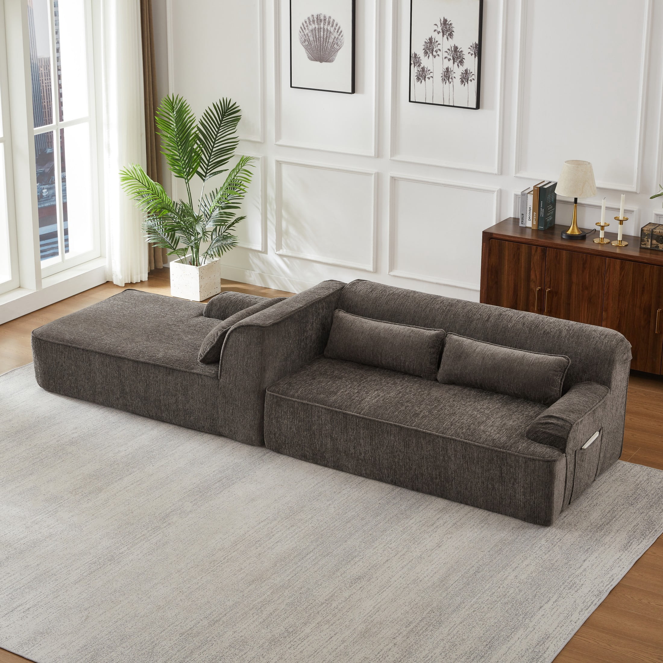 Aukfa 2-Piece Modular Chenille Sectional Sofa, 26.5" Deep Seat, No Assembly, Right Chaise, Brown