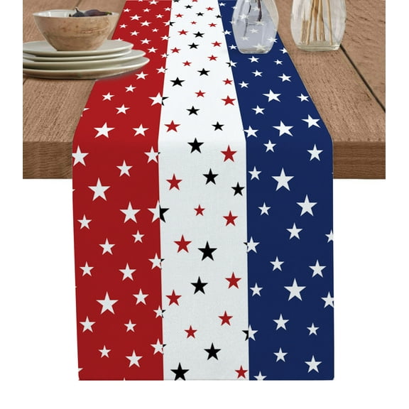 Table Runner Dresser Scarves 90 Inch Long, White Red Blue Stripes and Stars Linen Dining Table Runners American Flag Independence Day Tabletop Scarf for Wedding Holiday Party Kitchen