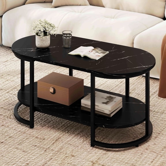 DRAZUNO White Marble Coffee Table Modern 2-Tier Center Table with Open Storage Shelf