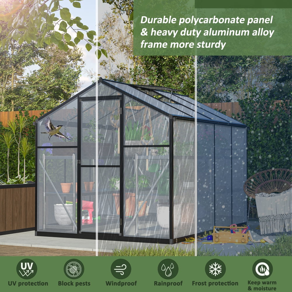 Aluminum 6x8 FT Walk-In Greenhouse with Polycarbonate Panels, Quick Setup Structure, and Roof Vent for Outdoor Garden