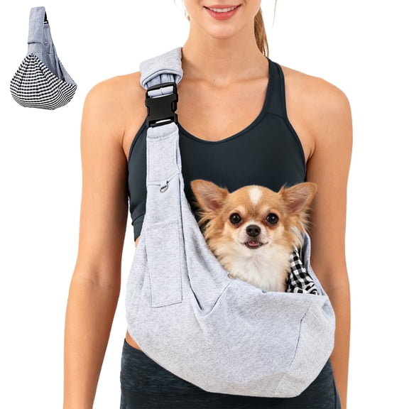 YEVYO Dog Sling Carrier for Small Pets - Reversible Hands-Free Pet Sling with Adjustable Strap, Padded Shoulder - Lightweight, Machine Washable Dog Carrier Bag for Cats, Puppies, Travel (Grey Plaid)