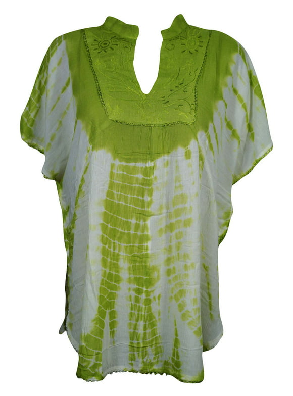 Tunic Top Boho White Green Embroidered Summer Bohemian S/M