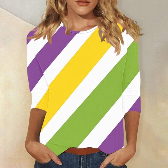 Cadancy Plus Size Mardi Gras Shirts for Women Carnival Crew Neck Rave Party Tops Casual 3/4 Sleeve Graphic Tee Funny Trendy Holiday Blouse
