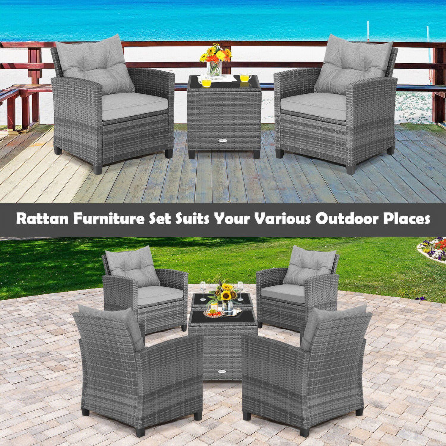 Aimee Lii 3 Pieces Outdoor Wicker Conversation Set with Tempered Glass Tabletop, Outdoor Patio Furniture, Gray