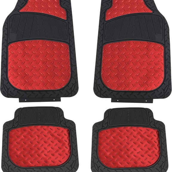 Heavy-Duty Metallic Rubber Floor Mats for Cars, Universal Fit Full Set, & Trimmable Floor Mats for Most Sedan, SUV, Truck, Red