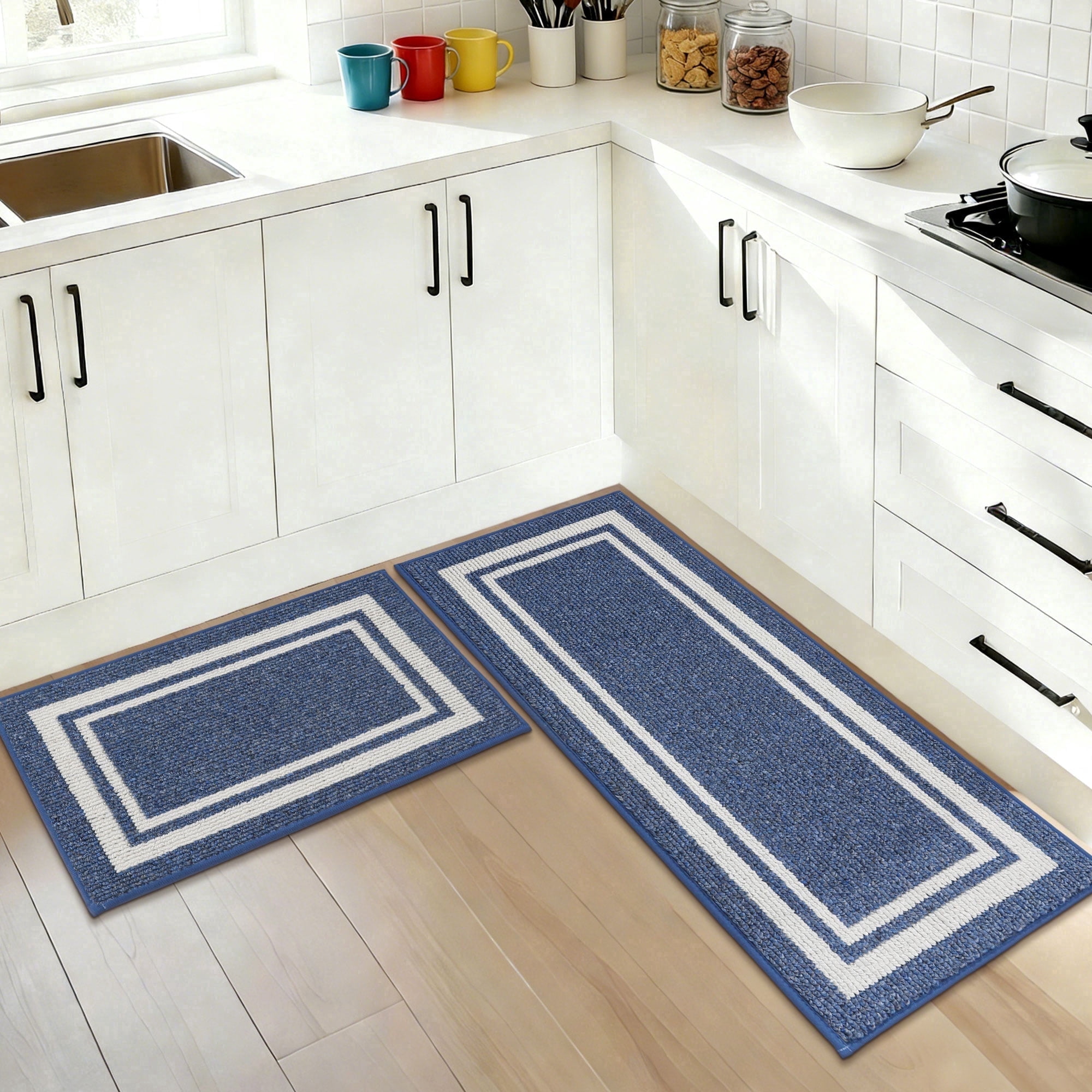 JAATOP Non-Slip Kitchen Rugs, 20"x 32" + 20"x 48" Absorbent Kitchen Mat Set of 2, Washable Mat for Kitchen, Navy