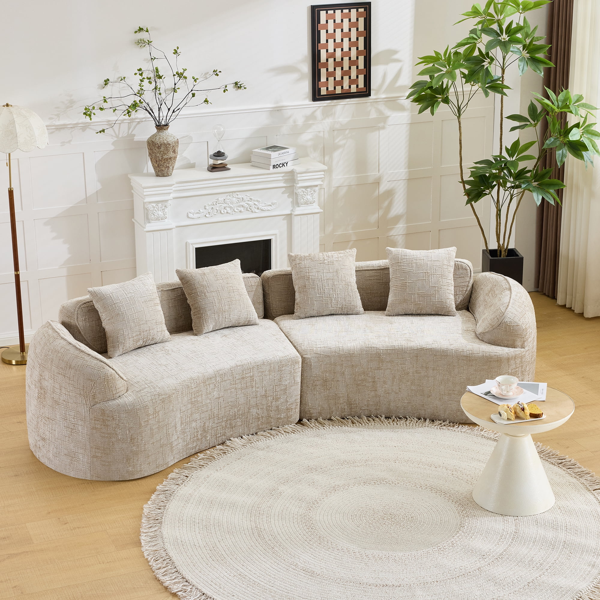 MAYEERTY 4-Seat Curved Compressed Sectional Sofa, Upholstered Cloud Modular Couch with Throw Pillows, No Assembly for Living Room Apartment Small Spaces