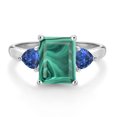 thumbnail image 2 of Gem Stone King 10K White Gold Green Malachite and Blue Created Sapphire 3 Stone Engagement Ring for Women (4.04 Cttw, Emerald Cut 9X7MM, Gemstone Birthstone, Size 7), 2 of 4
