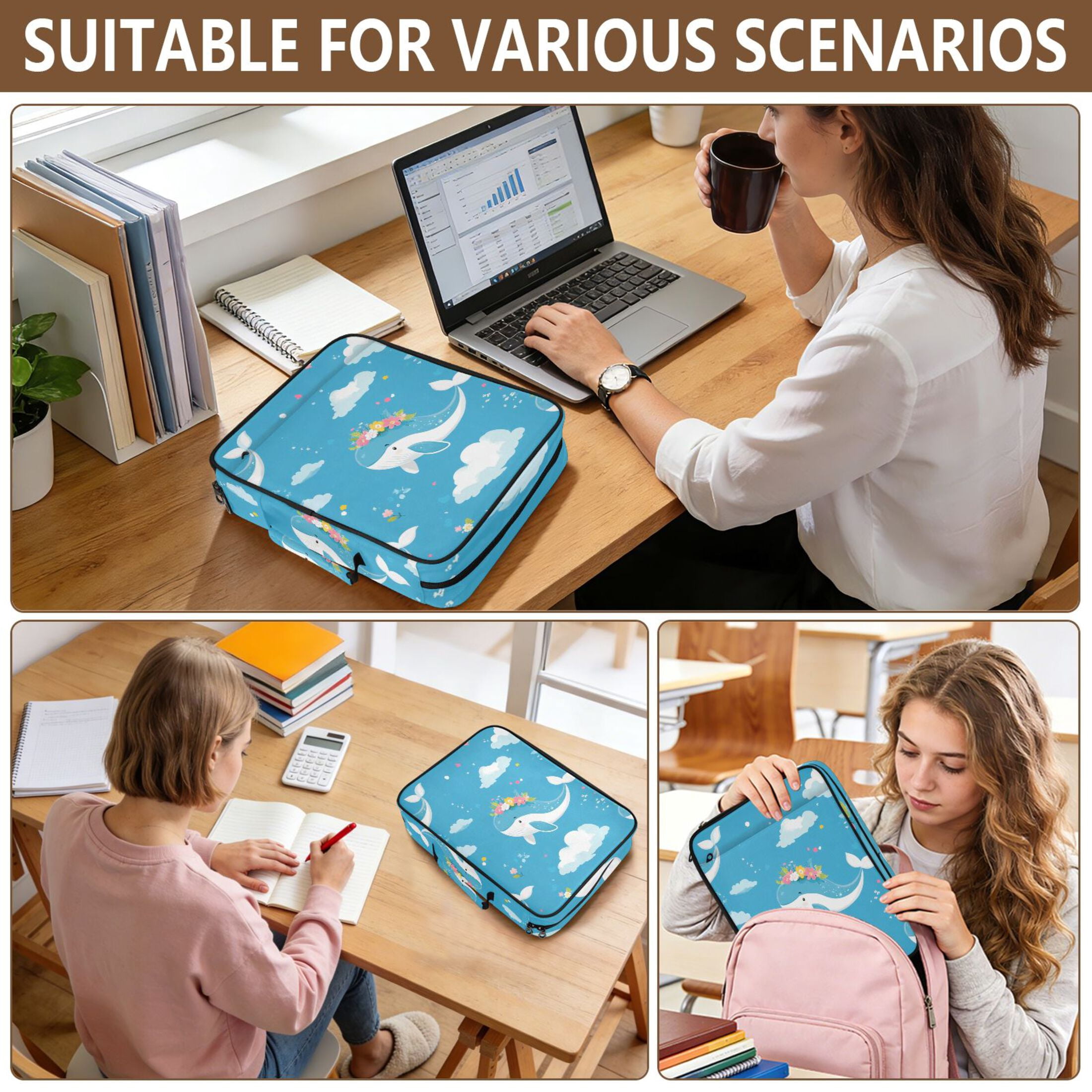 Cute Whales with Garlands Clouds Accordion File Organizer Expanding File Folder 3-Ring Binder Bag 500 Sheets A4 Size