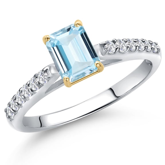 Gem Stone King 10K Two Tone Gold Sky Blue Aquamarine and Lab Grown Diamond Engagement Ring for Women | 0.68 Cttw | Emerald Cut 6X4MM | Gemstone March Birthstone | Size 9