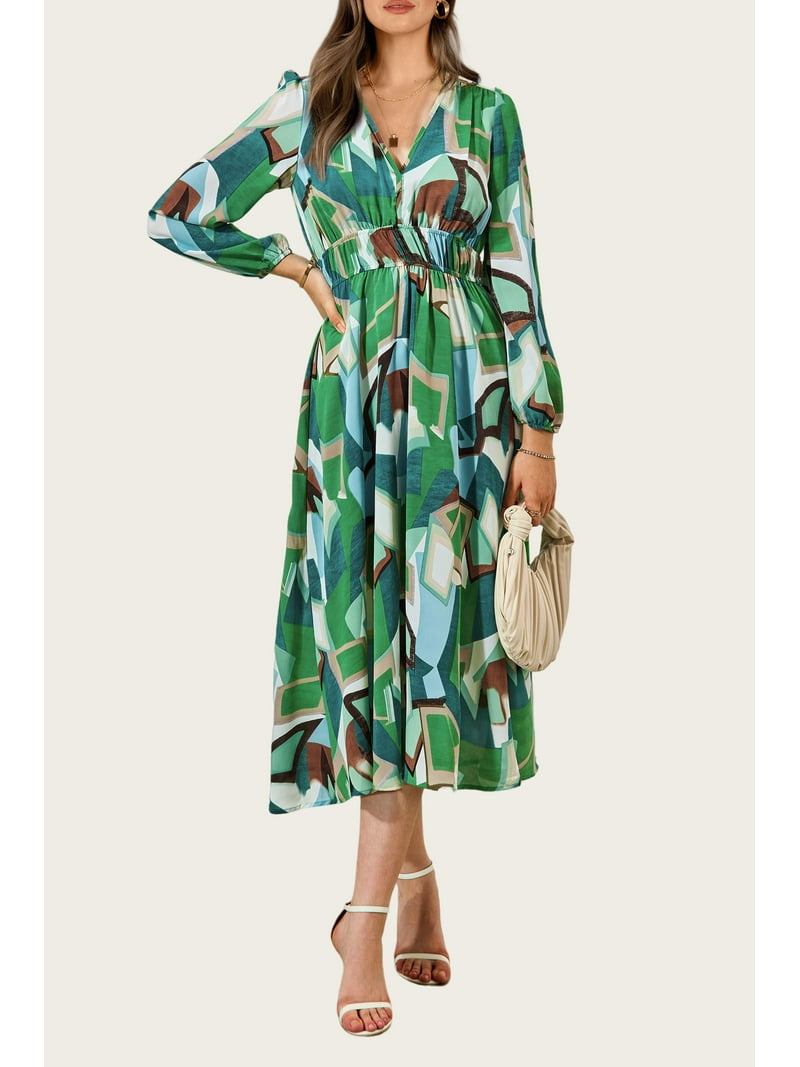 PRETTYGARDEN Women's Spring Floral Midi Dress Casual Fall V Neck Long  Sleeve Flowy Beach Wedding Guest Vacation Dresses - Walmart.com