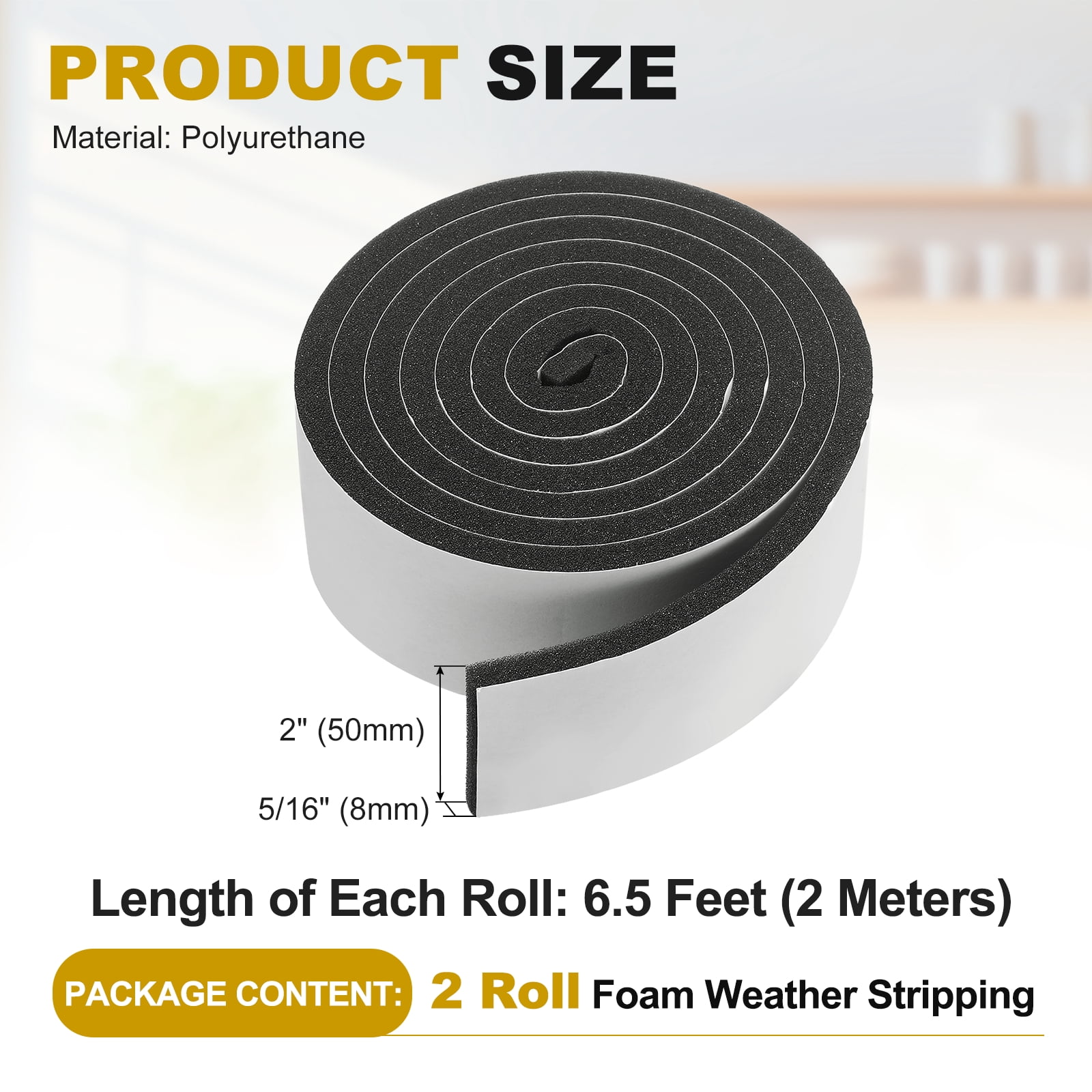 Weather Stripping Door Seal, 2 Rolls 2" x 5/16" Adhesive Foam Tape Seal Soundproof Insulation Strips for Door Frame Window Gaps (13 Feet Total, 6.5 Feet/Roll)