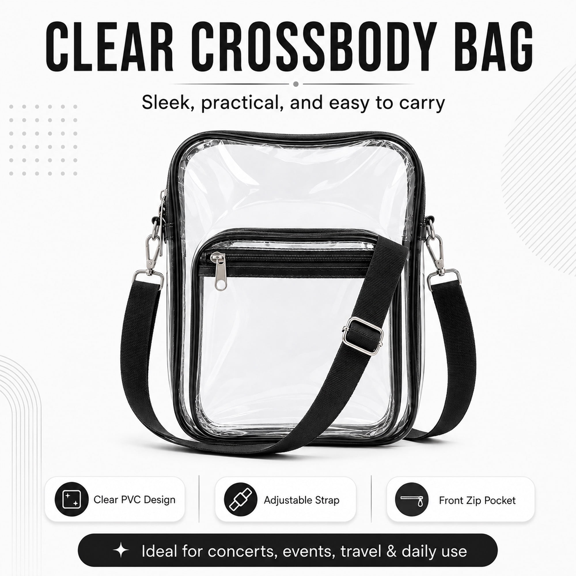 Clear Crossbody Bag with Adjustable Strap, Transparent PVC Shoulder Bag with Dual Front Zip Pockets for Concerts, Events & Travel