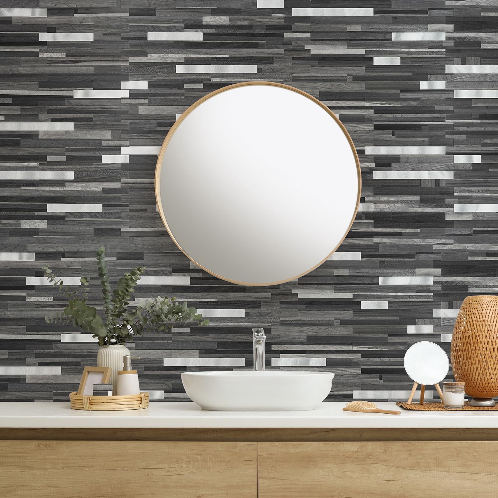 20 Sheets Peel And Stick Tile Backsplash  Black With Metal Look On Upgrade Your Kitchen Rv Fireplace